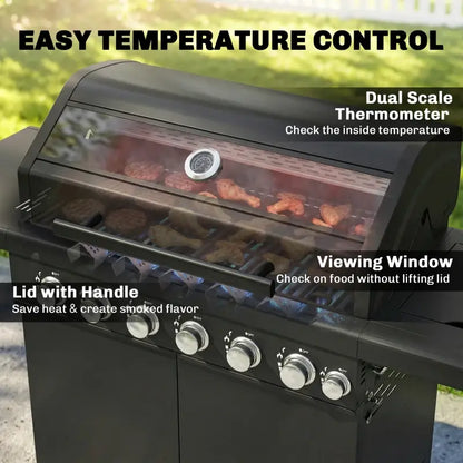Outsunny 6+1 Burner Gas BBQ Grill, Outdoor Barbecue Trolley with Wheels, Warming Rack, Thermometer, Bottle Opener, Black