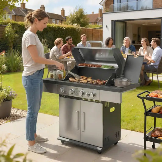 Outsunny 4+1 Burner Gas BBQ Grill, Portable Gas Barbecue Grill with Side Burner, Warming Rack, Side Shelf, Storage Cabinet