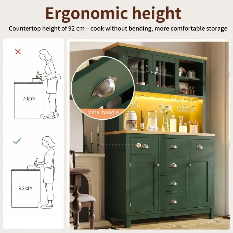 Farmhouse Style Sideboard with Spacious Shelves and Drawers, Versatile Storage Cabinet with Drink Holders, 104L x 40W x 180H cm, Green