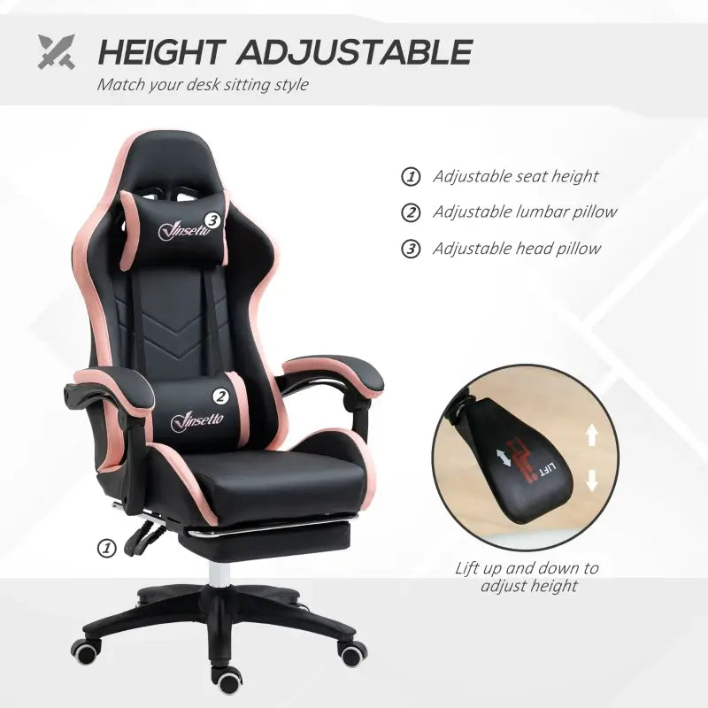 Vinsetto Gaming Chair, Computer Gamer Chair with Reclining High Back, Headrest, Lumbar Support, Footrest, Swivel Wheels, PU Leather, Adjustable Height for Home, Black and Pink