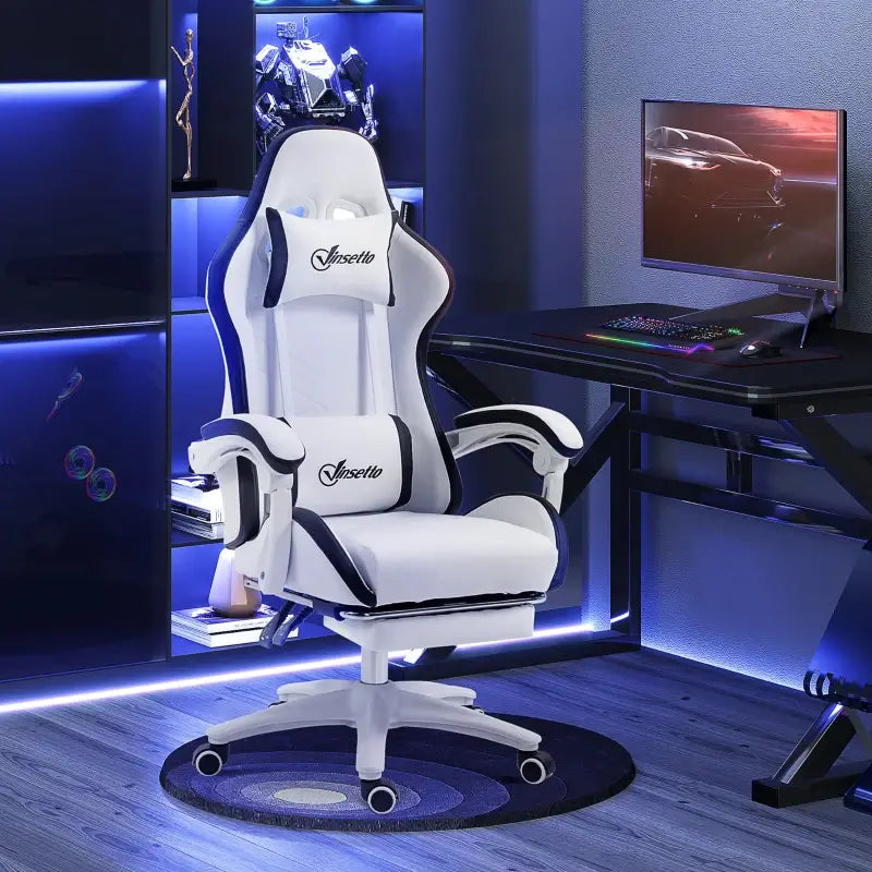 Vinsetto Gaming Chair, Computer Gamer Chair with Reclining High Back, Headrest, Lumbar Support, Footrest, Swivel Wheels, PU Leather, Adjustable Height for Home, White and Black