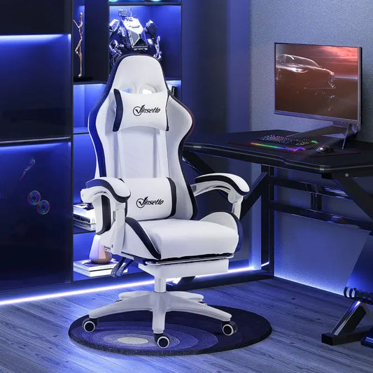 Vinsetto Gaming Chair, Computer Gamer Chair with Reclining High Back, Headrest, Lumbar Support, Footrest, Swivel Wheels, PU Leather, Adjustable Height for Home, White and Black