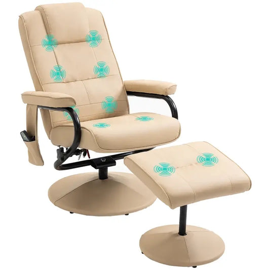 HOMCOM Swivel Recliner Chair and Footstool, Faux Leather Massage Recliner Armchair with Remote Control and Round Wrapped Base, Beige