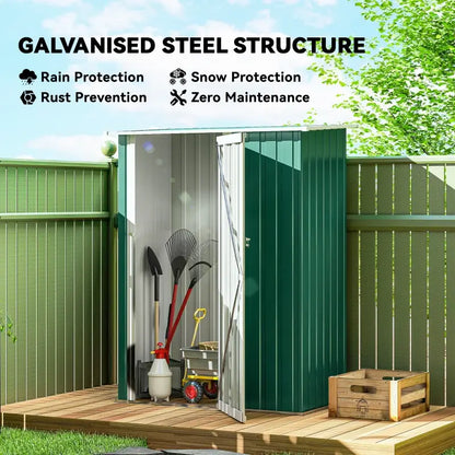 Outsunny 5ft x 3ft Garden Storage Shed, Galvanised Outdoor Metal Shed Waterproof with Sloped Roof, Lockable Door for Patio Tools, Equipment, Green