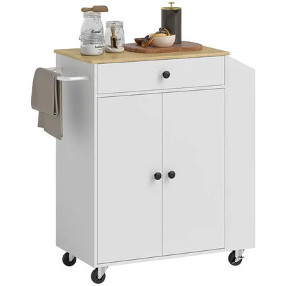 HOMCOM Rolling Kitchen Island with 3-Tier Spice Rack, Kitchen Storage Cart with Drawer and Towel Rack, White