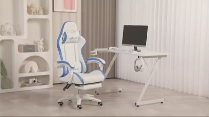 Vinsetto Gaming Chair, Computer Gamer Chair with Reclining High Back, Headrest, Lumbar Support, Footrest, Swivel Wheels, PU Leather, Adjustable Height for Home, White and Blue