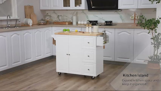 HOMCOM Kitchen Island on Wheels, Rolling Kitchen Storage Trolley with Drop Leaf, Drawers, Towel and Spice Rack, White