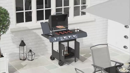 Outsunny 3+1 Burner Gas BBQ Grill, Outdoor Barbecue Trolley with Wheels, Warming Rack, Side Shelves, Cabinet, Thermometer for Garden, Party, Camping, 110L x 50W x 100Hcm, Grey