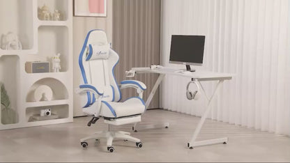 Vinsetto Gaming Chair, Computer Gamer Chair with Reclining High Back, Headrest, Lumbar Support, Footrest, Swivel Wheels, PU Leather, Adjustable Height for Home, White and Blue