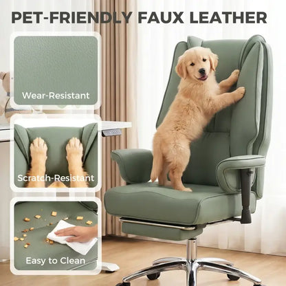 HOMCOM Executive Office Chair, Reclining Desk Chair with Footrest, Adjustable Armrests, Pet Friendly Faux Leather, Green