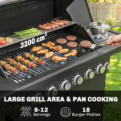 Outsunny 6+1 Burner Gas BBQ Grill, Outdoor Barbecue Trolley with Wheels, Warming Rack, Thermometer, Bottle Opener, Black