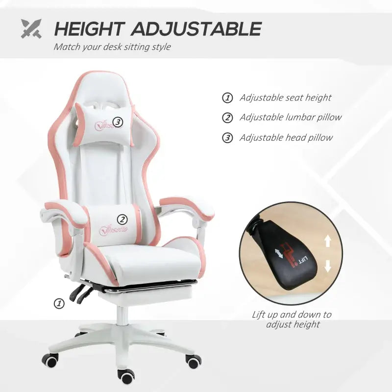 Vinsetto Gaming Chair, Computer Gamer Chair with Reclining High Back, Headrest, Lumbar Support, Footrest, Swivel Wheels, PU Leather, Adjustable Height for Home, White and Pink