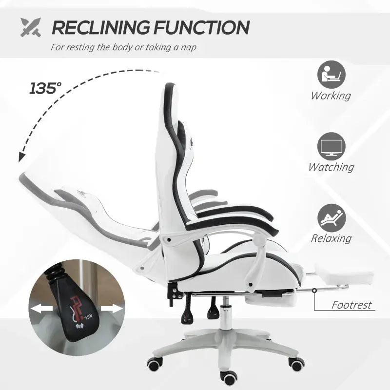 Vinsetto Gaming Chair, Computer Gamer Chair with Reclining High Back, Headrest, Lumbar Support, Footrest, Swivel Wheels, PU Leather, Adjustable Height for Home, White and Black