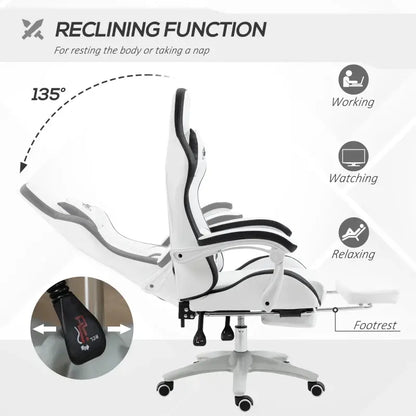 Vinsetto Gaming Chair, Computer Gamer Chair with Reclining High Back, Headrest, Lumbar Support, Footrest, Swivel Wheels, PU Leather, Adjustable Height for Home, White and Black