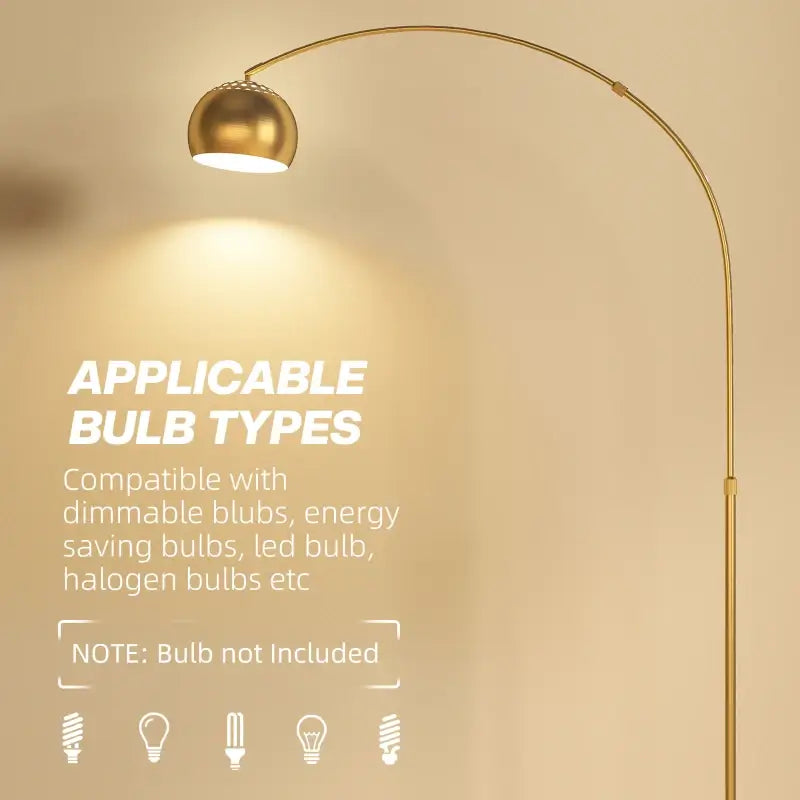 HOMCOM 167cm Arc Floor Lamp for Living Room, Modern Adjustable Standing Lamp with Foot Switch, Faux Black Marble Base and Bell Shade for Home Offices, Bedrooms, Gold Tone
