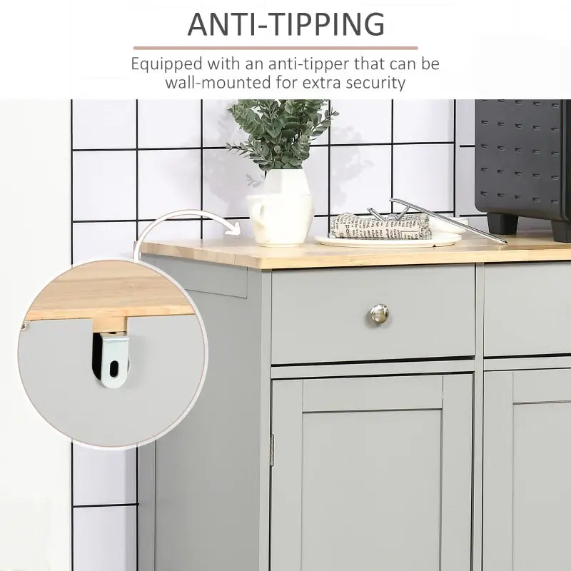 HOMCOM Sideboard with Rubberwood Top and Independent Storage Shelves for Dining Room, Kitchen - Grey