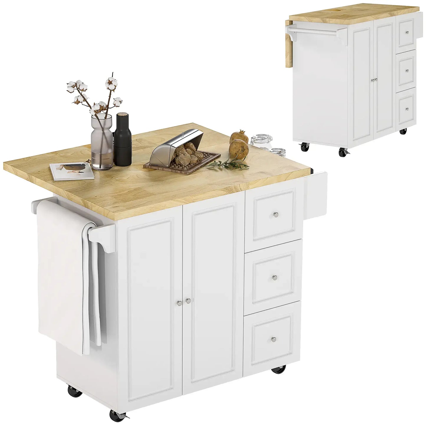 HOMCOM Kitchen Island on Wheels, Rolling Kitchen Storage Trolley with Drop Leaf, Drawers, Towel and Spice Rack, White