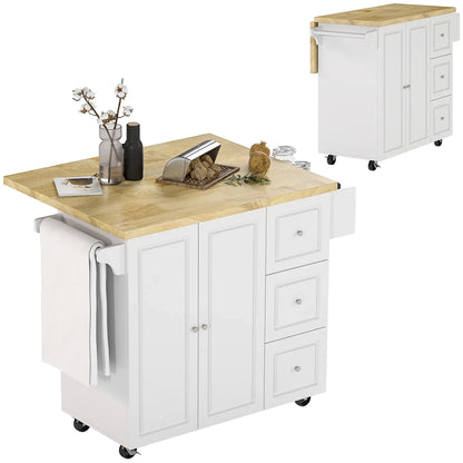 HOMCOM Kitchen Island on Wheels, Rolling Kitchen Storage Trolley with Drop Leaf, Drawers, Towel and Spice Rack, White