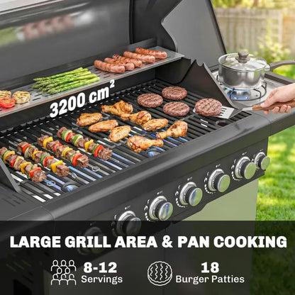 Outsunny 6+1 Burner Gas BBQ Grill, Outdoor Barbecue Trolley with Wheels, Warming Rack, Thermometer, Bottle Opener, Silver Tone