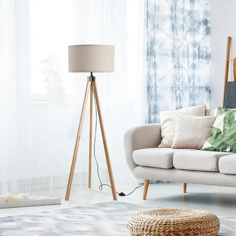 HOMCOM Floor Lamp with Elegant Wood Tripod, Free Standing E27 Bulb Lamp Versatile Use For Home Office - Beige