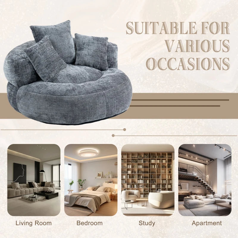 Chenille Bean Bag Chair with Memory Foam Filling, High Back Lounger with Three Pillows for Adults and Kids, 108L x 108W x 52H cm, Gray