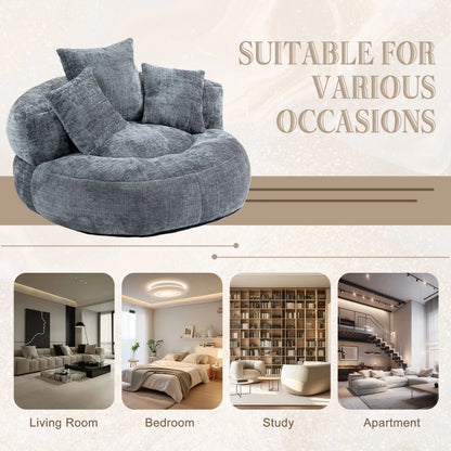 Chenille Bean Bag Chair with Memory Foam Filling, High Back Lounger with Three Pillows for Adults and Kids, 108L x 108W x 52H cm, Gray