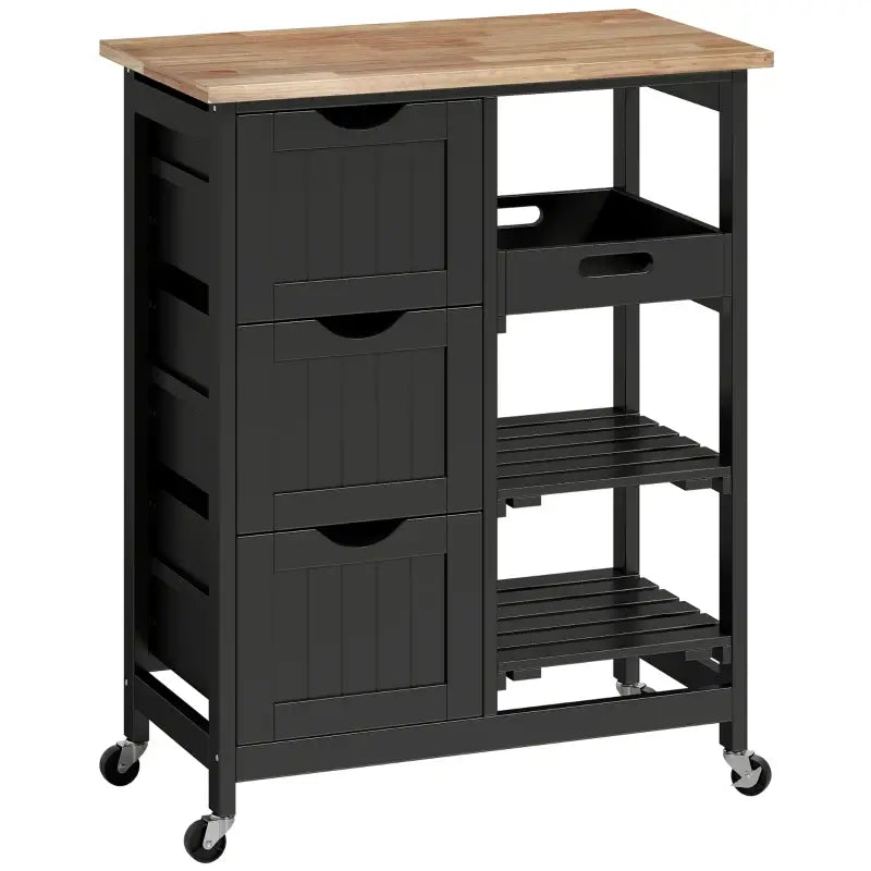 HOMCOM Rolling Kitchen Island Cart, Bar Serving Cart, Compact Trolley on Wheels with Wood Top, Shelves & Drawers for Home Dining Area, Black