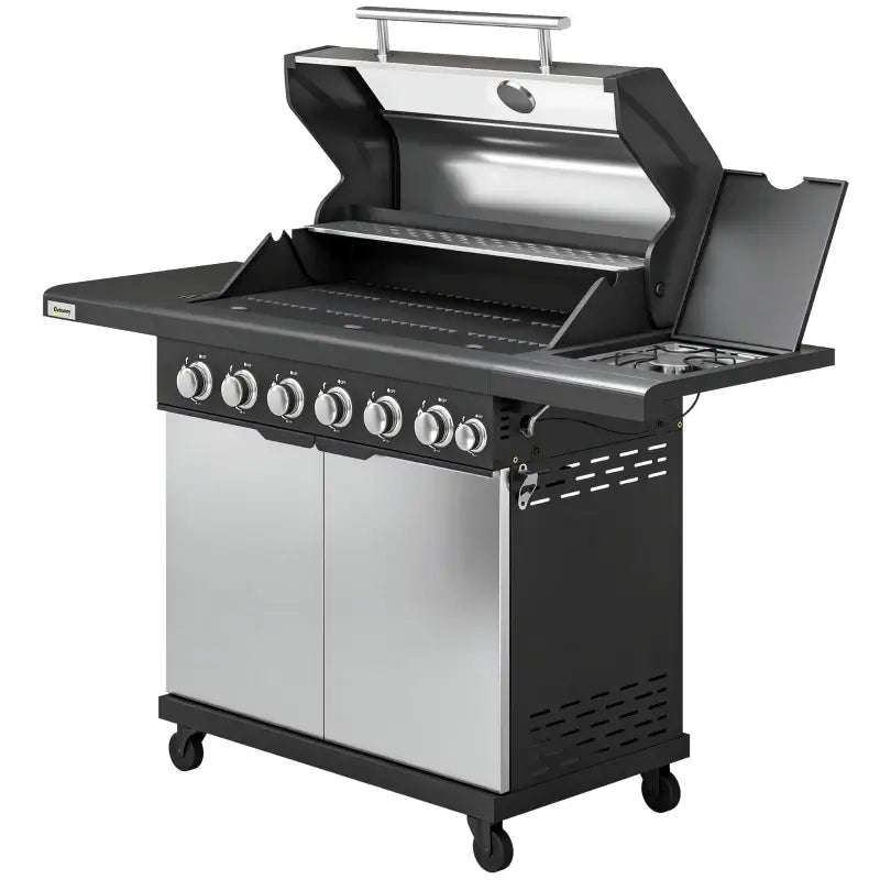 Outsunny 6+1 Burner Gas BBQ Grill, Outdoor Barbecue Trolley with Wheels, Warming Rack, Thermometer, Bottle Opener, Silver Tone