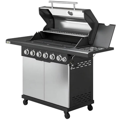 Outsunny 6+1 Burner Gas BBQ Grill, Outdoor Barbecue Trolley with Wheels, Warming Rack, Thermometer, Bottle Opener, Silver Tone