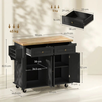 HOMCOM Rolling Kitchen Island Storage Trolley with Rubber Wood Top & Drawers for Dining Room, Black