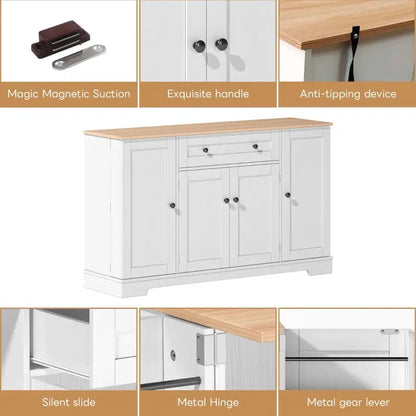 Multifunctional Kitchen Sideboard with Double-Door Compartment, Spacious Cabinet with Adjustable Shelves, 138L x 40W x 85H cm, Natural+White