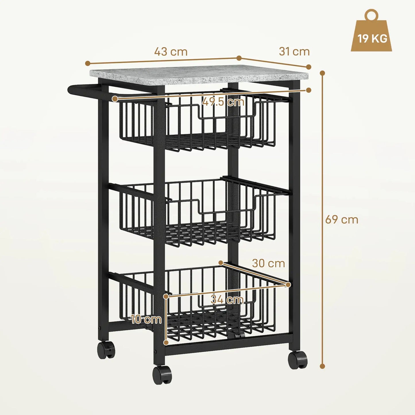 HOMCOM Three Basket Mobile Kitchen Island, with Brakes - Grey/Black