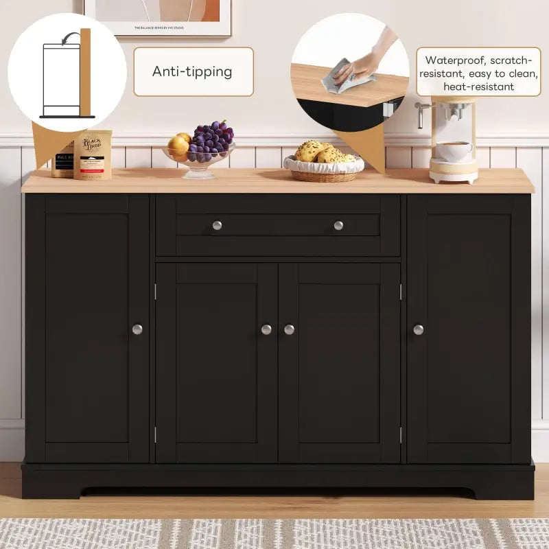 Multifunctional Kitchen Sideboard with Double-Door Compartment, Spacious Cabinet with Adjustable Shelves, 138L x 40W x 85H cm, Black
