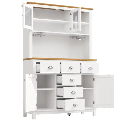 Farmhouse Style Sideboard with Spacious Shelves and Drawers, Versatile Storage Cabinet with Drink Holders, 104L x 40W x 180H cm, White
