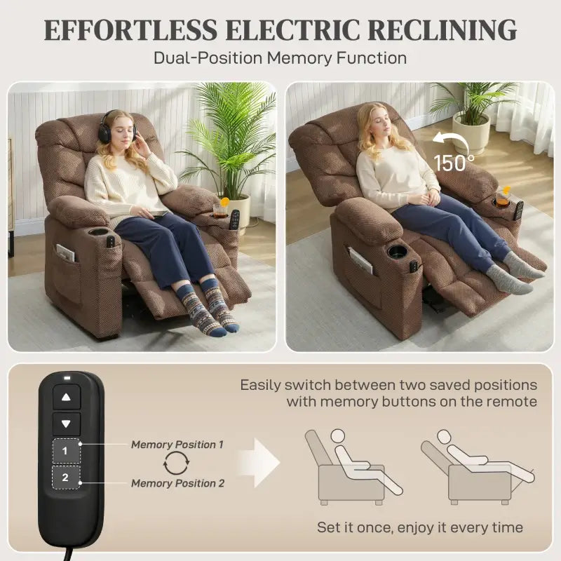 HOMCOM Electric Massage Recliner Armchair with Vibration, Heat, Whisper-Quiet Motor, Memory Function, Fleece Power Reclining Chair with Spring Pack, USB Port, Footrest, Side Pocket, Cup Holders, Brown