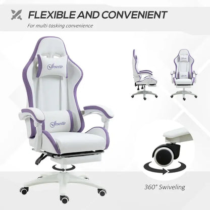 Vinsetto Computer Gaming Chair, PU Leather Office Desk Chair with Footrest, Swivel Wheels, 135° Reclining Back, Lumbar Support, Headrest for Home, White and Purple