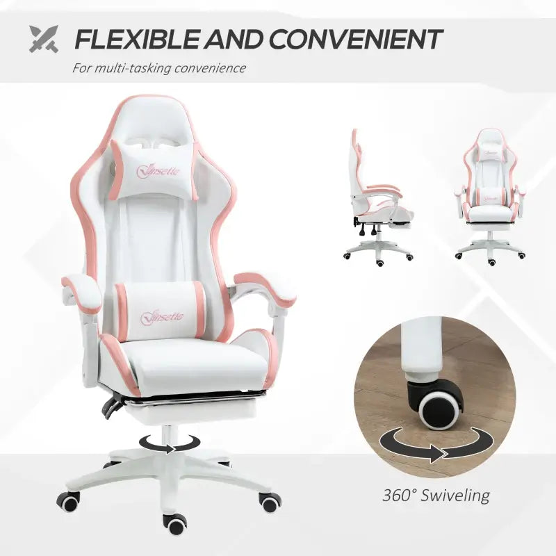 Vinsetto Gaming Chair, Computer Gamer Chair with Reclining High Back, Headrest, Lumbar Support, Footrest, Swivel Wheels, PU Leather, Adjustable Height for Home, White and Pink