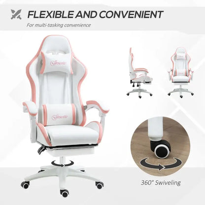 Vinsetto Gaming Chair, Computer Gamer Chair with Reclining High Back, Headrest, Lumbar Support, Footrest, Swivel Wheels, PU Leather, Adjustable Height for Home, White and Pink