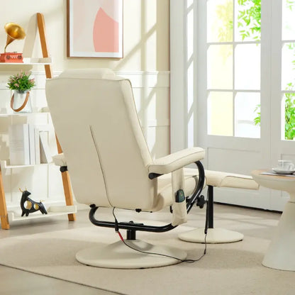 HOMCOM Swivel Recliner Chair and Footstool, Faux Leather Massage Recliner Armchair with Remote Control and Round Wrapped Base, Cream White
