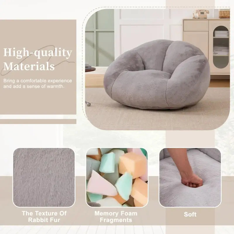 Shell-Shaped Sofa with High-Rebound Foam and Ergonomic Lumbar Support, Giant Sofa with Faux Fur, 100L x 90W x 57H cm, Light Gray