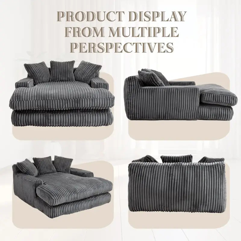 Oversized Chaise Longue Sofa with 3 Throw Cushions and Wide Armrests, Chair with Shredded Memory Foam Seat, 155L x 125W x 63H cm, Dark Gray