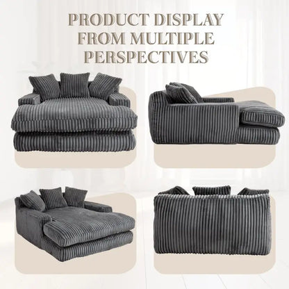 Oversized Chaise Longue Sofa with 3 Throw Cushions and Wide Armrests, Chair with Shredded Memory Foam Seat, 155L x 125W x 63H cm, Dark Gray