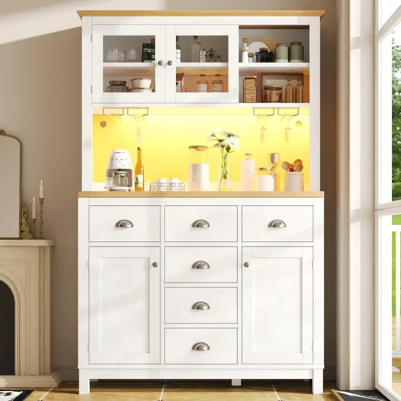 Farmhouse Style Sideboard with Spacious Shelves and Drawers, Versatile Storage Cabinet with Drink Holders, 104L x 40W x 180H cm, White