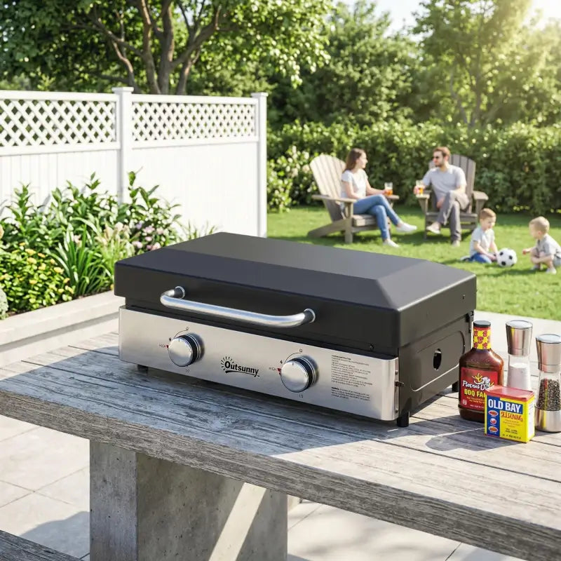 Outsunny 2 Burner Grill Griddle, Portable Gas Plancha, 6 kW, Tabletop Gas BBQ with Grease Cup for Camping Picnic Patios, Black