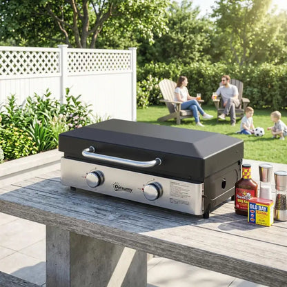 Outsunny 2 Burner Grill Griddle, Portable Gas Plancha, 6 kW, Tabletop Gas BBQ with Grease Cup for Camping Picnic Patios, Black