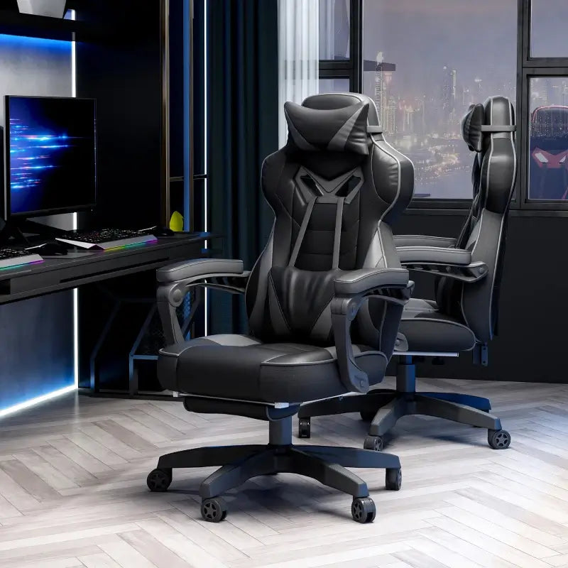 Vinsetto Computer Gaming Chair, Racing Desk Chair with Lumbar Support and Footrest, PU Leather Gamer Chair with Headrest and Swivel Wheels for Home, Grey
