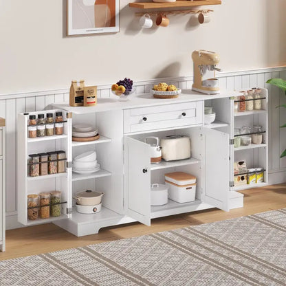 Multifunctional Kitchen Sideboard with Double-Door Compartment, Spacious Cabinet with Adjustable Shelves, 138L x 40W x 85H cm, White
