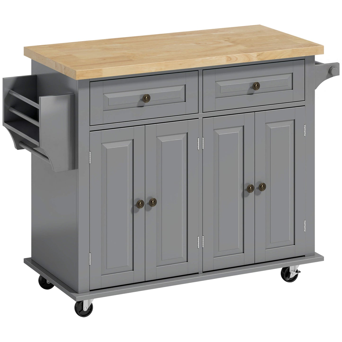 HOMCOM Rolling Kitchen Island Storage Trolley with Rubber Wood Top & Drawers for Dining Room, Grey