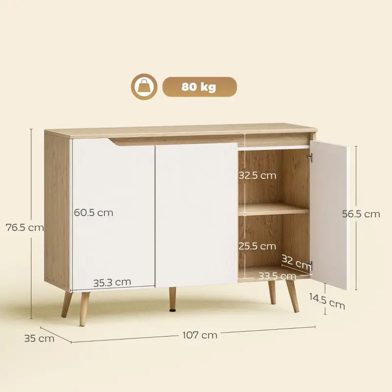 HOMCOM Sideboard Storage Cabinet, Kitchen Cupboard with 3 Doors, 2 Adjustable Shelves and 5 Rubberwood Legs, White and Oak