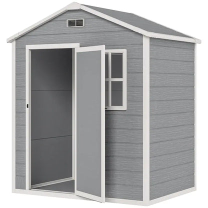 Outsunny 6 x 4ft Plastic Shed with Floor, Wood Effect Resin Garden Shed with Window, Lockable Door, Lock and Keys, Vents, All Weather Resistant for Outdoor, Patio, Lawn, Grey